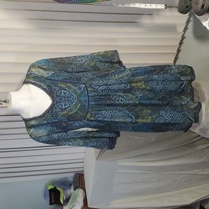 NEW DIRECTIONS Women 3/4 Bell Sleeve Boho Printed Sheer Dress-Full Liner-Sz M